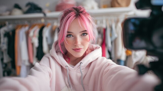 happy hipster gen z teen girl fashion social media channel blogger stylist with pink hair wearing hoodie looking at camera recording vlog video tutorial in front of clothes wardrobe face headshot no 