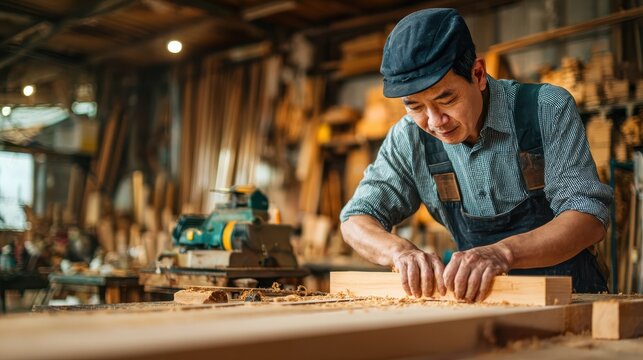 asian male carpenter worker at work asian senior male carpenter working with wood planer on wood lath on desk at woodwork workshop asian male woodworker senior male craftsman no logos no brands ar 16 - Powered by Adobe