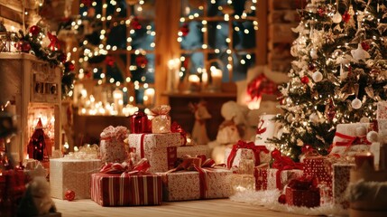 Obraz premium decorated xmas table with merry christmas gifts in cozy santa home interior banner happy new year presents boxes in workshop late in night with lights on xmas tree holiday eve background no logos no 