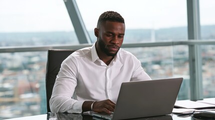 concentrated african american executive top manager sitting at desk working typing on laptop computer in modern corporate office with panoramic view business technologies concept vertical shot no log