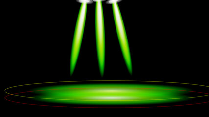 Three green spotlights illuminating a circular stage