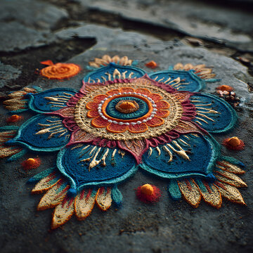 Rangoli or muggu or kolam is an art form originatingin the Indian subcontinent Patterns are created on te floor or the ground usin materials such as limestoe powder, rice powder or fower petals.