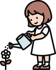 Cute cartoon girl with brown hair and a white dress watering a single flower with a can.