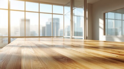 Fototapeta premium wooden table in sunny office with big windows no logos no brands ar 169