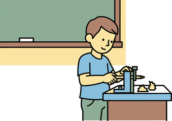 Illustrated young boy with brown hair using a blue manual rotary pencil sharpener at a desk.