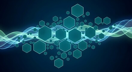 Abstract hexagons floating above waves of light in a digital environment