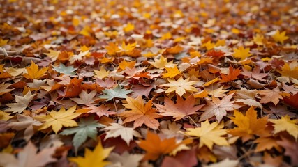 Fallen maple leaves covering ground, crisp details, high resolution.
