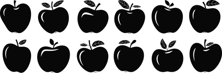 Apple silhouette designs, fruit shape variations, black and white apple icons, fresh produce illustration, healthy food artwork, cad drawing flat vector illustration, organic fruit graphic
