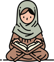 An illustrated Muslim girl in a gray hijab, sitting cross-legged while reading a book on a traditional wooden stand.