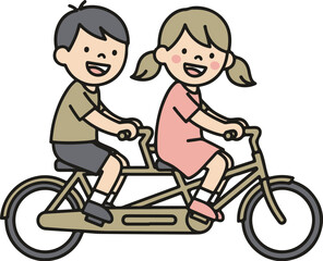 A Cheerful Cartoon Boy and Girl with Pigtails Riding a Tandem Bicycle Together.