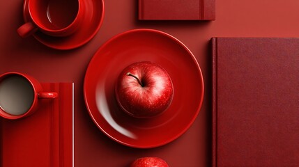 Monochrome red flat lay with red apple, red book, and red plate