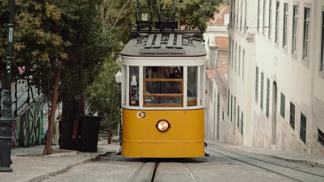 Funicular railway in Lisbon, Portugal. City tramline on a steep hill street
