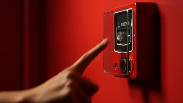 Hand Activating Fire Alarm - Close-up shot of a hand pushing the button on a red fire alarm. The alarm is mounted on a red wall, creating a dramatic and urgent visual.