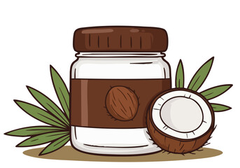 charming illustration showcases a jar of coconut oil essence alongside a coconut and leaves Clean modern design with a pastel background Ideal for beauty wellness and lifestyle content