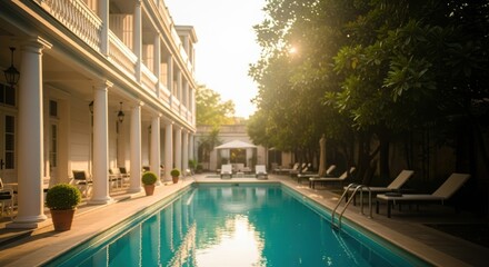 Serene tropical pool at colonial hotel resort. Empty lounge chairs by turquoise water. Golden hour at luxurious swimming pool.