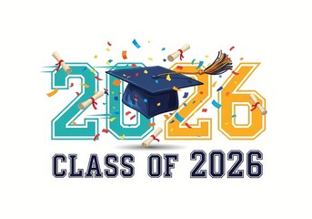 Graduation celebration design with class of 2026 theme featuring confetti and graduation cap