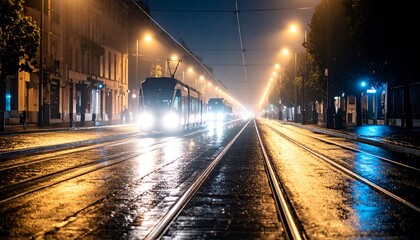 Tram Traveling on Wet City Street at Night with Headlights