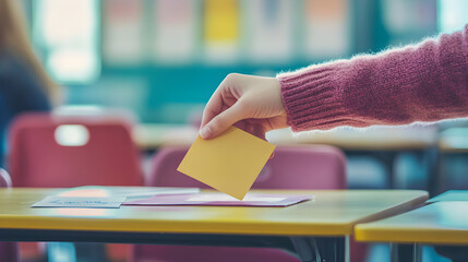 A hand placing a yellow paper card onto a desk in a classroom setting with blurred background details
