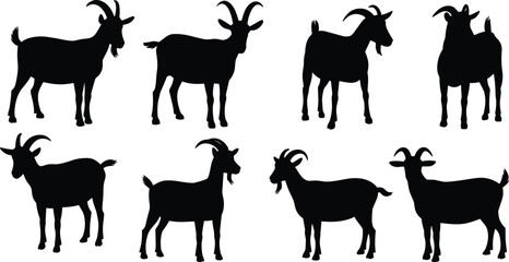 Goat silhouette vector set, black animal shapes, livestock poses, horned goat illustration, farm animal clipart, cad drawing flat vector illustration