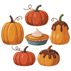 Tasty pumpkin dishes set fresh ripe Thanksgiving food isolated vector illustration on white background