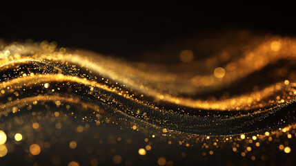 Abstract swirling gold background with shimmering particles and glowing light bokeh on dark backdrop, luxury festive texture for holiday and celebration design.