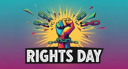 Fototapeta premium Vibrant freedom fist breaking chains with explosive background for rights day celebration design