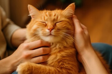 A gentle touch from a human hand soothes an orange cat, embodying the bond between pet and owner