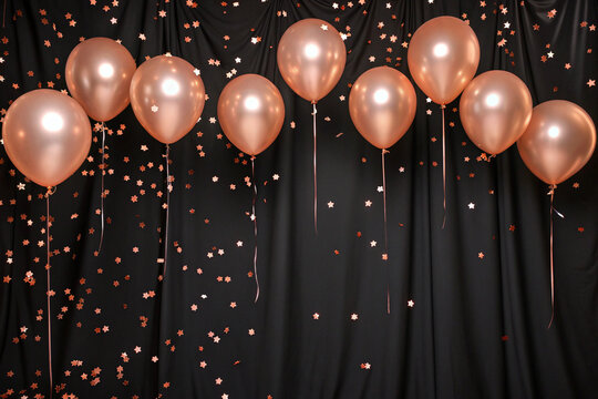 Rose Gold Balloons and Star Confetti Against a Black Draped Background helium balloons