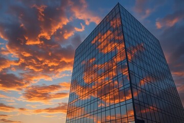 A Glass Skyscraper Reflects the Sunset's Orange Hues