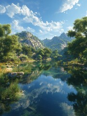 Naklejka premium tranquil landscape of a serene lake surrounded by lush greenery and blue sky reflecting on water generative ai