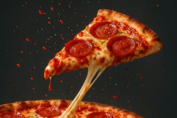 A mouth-watering slice of pepperoni pizza is captured in mid-air, its cheese stretching out like a string as it's lifted from the tray The dark background and red sauce create an appetizing contrast