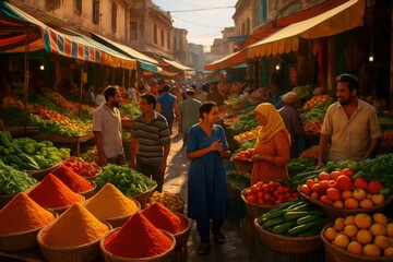 Obraz premium A vibrant tapestry of commerce unfolds in a bustling marketplace, where the warmth of sunlight illuminates the array of fresh produce and the lively chatter of shoppers