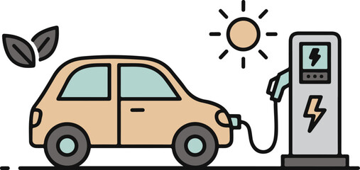 Fototapeta premium Beige electric car at a charging station with sun and leaf eco-friendly symbols.
