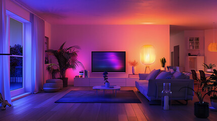 A modern living room with smart lighting, plants, and home design creates a serene atmosphere.