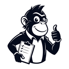 Creative silhouette vector of startup ape giving thumbs up with clipboard, symbolizing success, approval, motivation, business growth, leadership, and innovation.