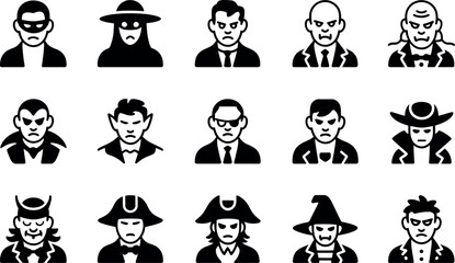 Collection of Fifteen Monochrome Villain Icons:  Angry, Mysterious, and Menacing.