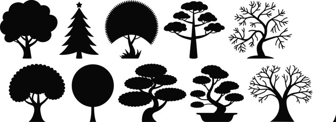 Tree silhouette collection, black vector trees, diverse botanical shapes, nature icons, editable flat design, isolated tree graphics, cad drawing flat vector illustration