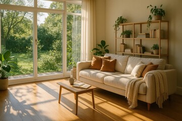 A serene living room bathed in sunlight, inviting relaxation with a comfortable sofa and a cozy throw blanket