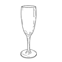 Glass glass with a thin stem, black and white ink sketch. Vector illustration. Wine and champagne glass, isolated on a white background. Alcohol, cocktail, restaurant, banquet, packaging theme