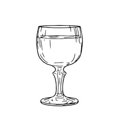 Glass glass with thin stem, black and white ink sketch. Vector illustration. A wine glass for vermouth and cognac, isolated on white background. Alcohol, cocktail, restaurant, banquet, packaging theme