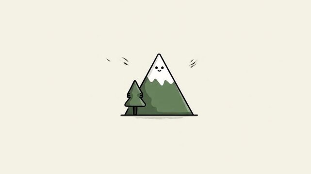 A cartoon depiction of a smiling mountain with a tree and simple cloud shapes against a beige backdrop