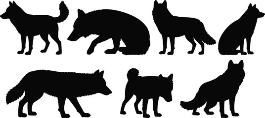 Wolf silhouette vector set, black animal shapes, wild canine poses, standing, sitting, walking, crouching, editable flat illustration, cad drawing