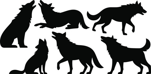 Wolf silhouettes in various poses, wild animal vector illustration, black wolf outline art, wildlife design element, cad drawing flat vector illustration