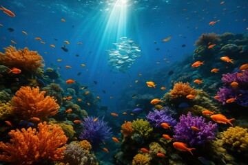 Obraz premium A vibrant underwater tapestry unfolds as sunlight dances through a coral reef teeming with colorful fish, creating an enchanting scene of marine biodiversity