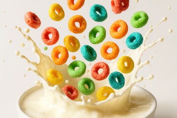 A vibrant array of colorful Cereal Loops is captured in mid-air, creating a dynamic splash as they descend into a bowl of milk