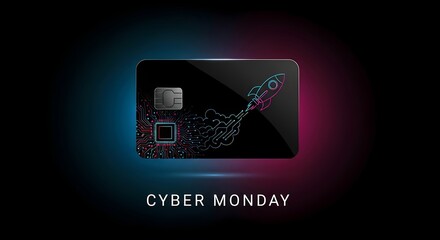 Cyber monday promotional credit card design featuring futuristic rocket concept