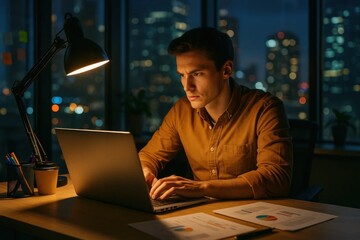 A focused individual navigates through data on a laptop amidst the soft glow of a lamp, surrounded by scattered papers and a view of the urban nightscape