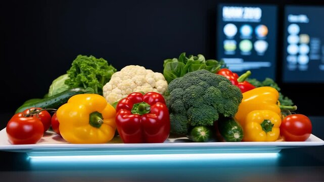Vibrant Fresh Vegetable Platter - A colorful assortment of fresh vegetables, including bell peppers, broccoli, cauliflower, tomatoes, and cucumbers, is artfully arranged on a white platter.