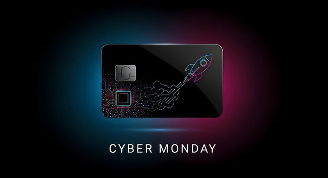 Cyber monday promotional credit card design featuring futuristic rocket concept