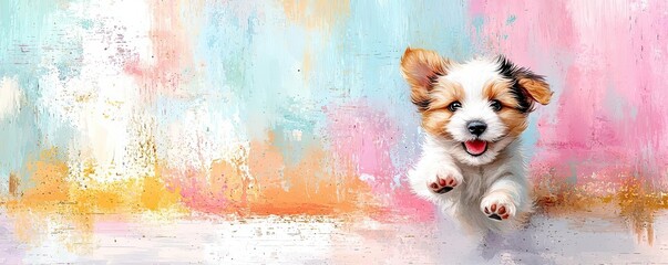 Puppy animation joyful, happy pup cheerful puppy jumps excitedly against a colorful background, radiating joy and playfulness. This image captures the spirit of happiness and companionship.